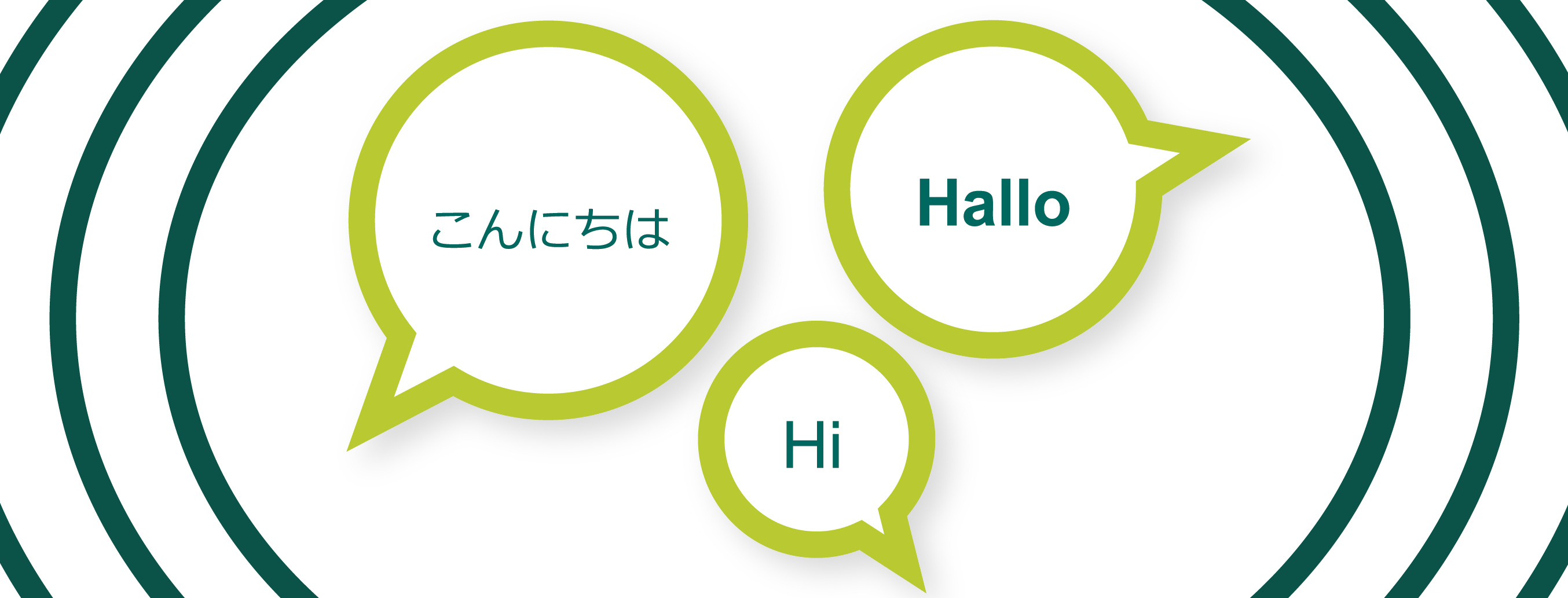 Illustration of three speech bubbles with "hello" in different languages.