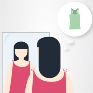 Illustration of woman looking into a mirror and thinking about another piece of clothing.